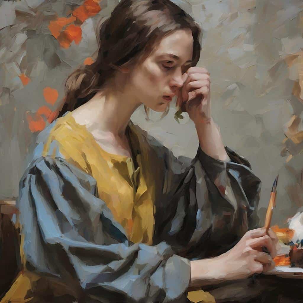 Σκοτεινόχρωμη ψηφιακή ζωγραφιά νεαρής γυναίκας με ήρεμο ύφος και διακριτικό φόρεμα, που κρατά πινέλο και σπιράλ στο χέρι, με έντονα χρώματα και ατμόσφαιρα έκφρασης στην τέχνη.