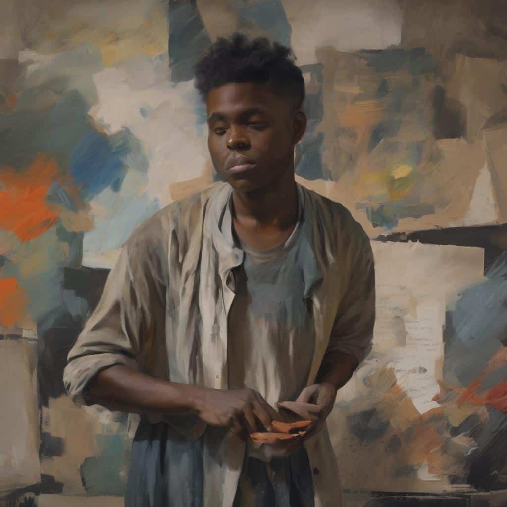 Ζενάτο νεαρός άνδρας μπροστά από αφηρημένο πίνακα με ζωντανά χρώματα και συναισθήματα στην τέχνη, εκφράζοντας την επιρροή των χρωμάτων στη συναισθηματική έκφραση.