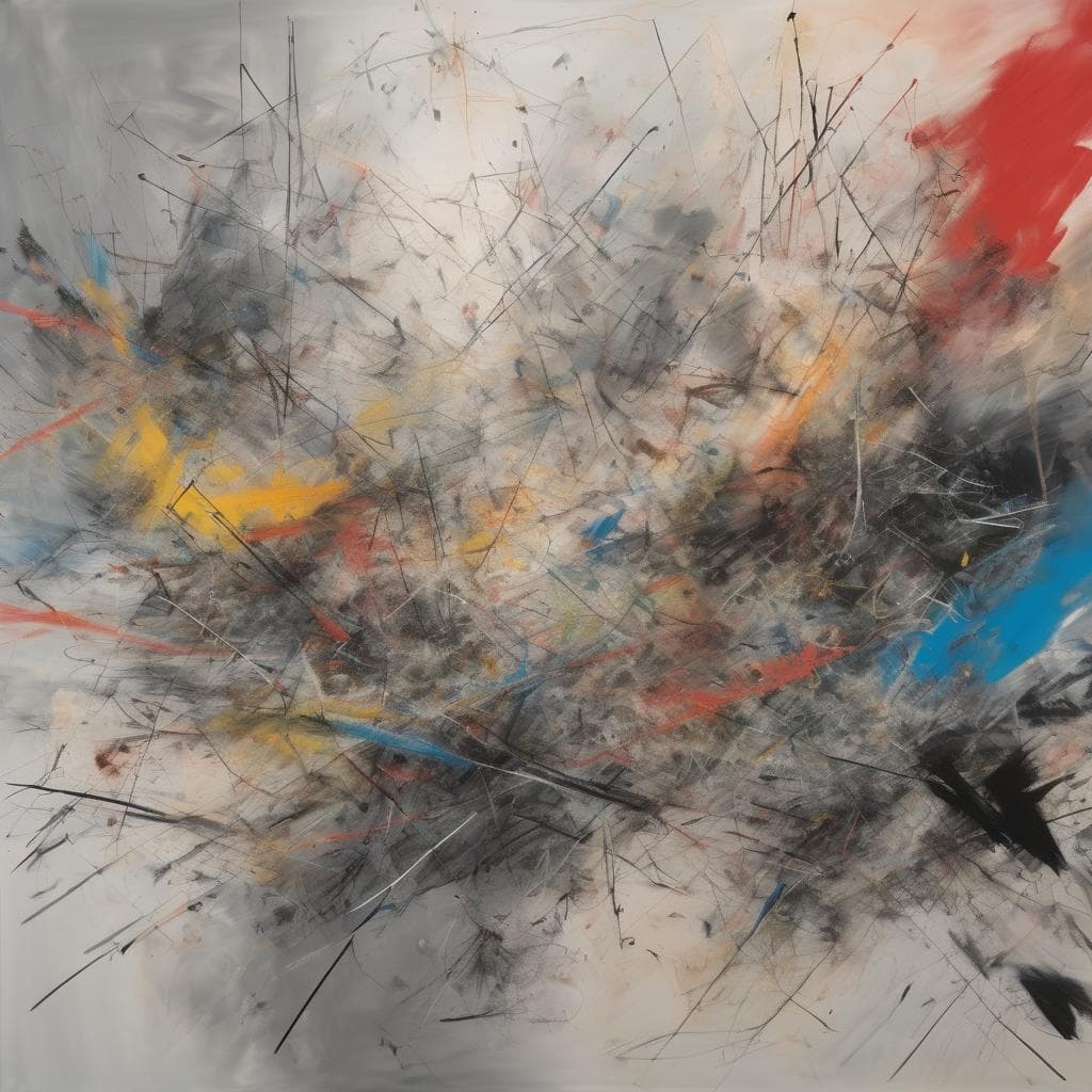 Πολύχρωμο αφηρημένο έργο τέχνης με έντονες πινελιές και γραμμές, εκφράζοντας συναίσθημα μέσω των χρωμάτων και των μορφών.