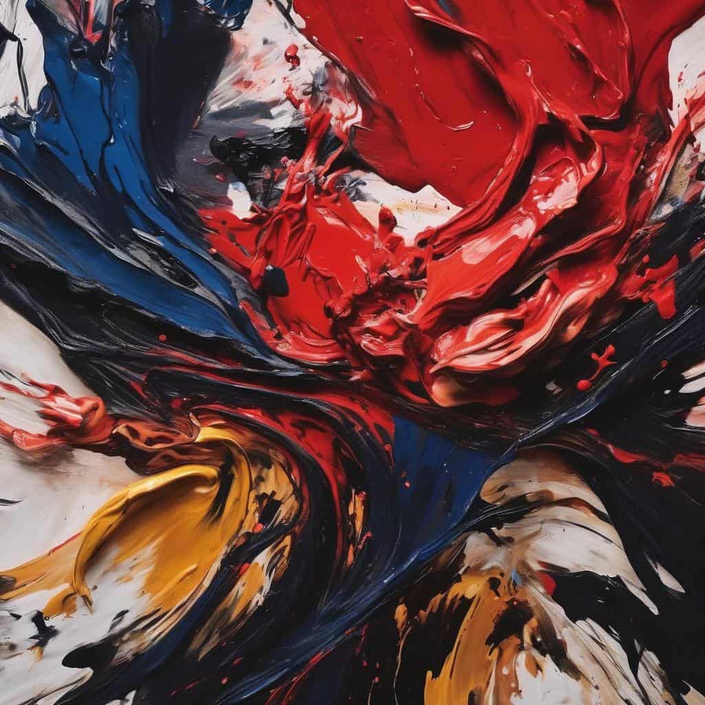 ζωγραφική αφίσα με έντονες αποχρώσεις κόκκινου, μπλε και κίτρινου, συναισθηματικά χρώματα και τέχνη, καλλιτεχνικό έργο με ζωντανά χρώματα, χρώμα και συναίσθημα στην τέχνη, σύγχρονη abstract τέχνη, δυναμική καλλιτεχνική έκφραση, εκφραστικότητα μέσω χρωμάτων, εικόνα καινοτόμου καλλιτεχνίας.