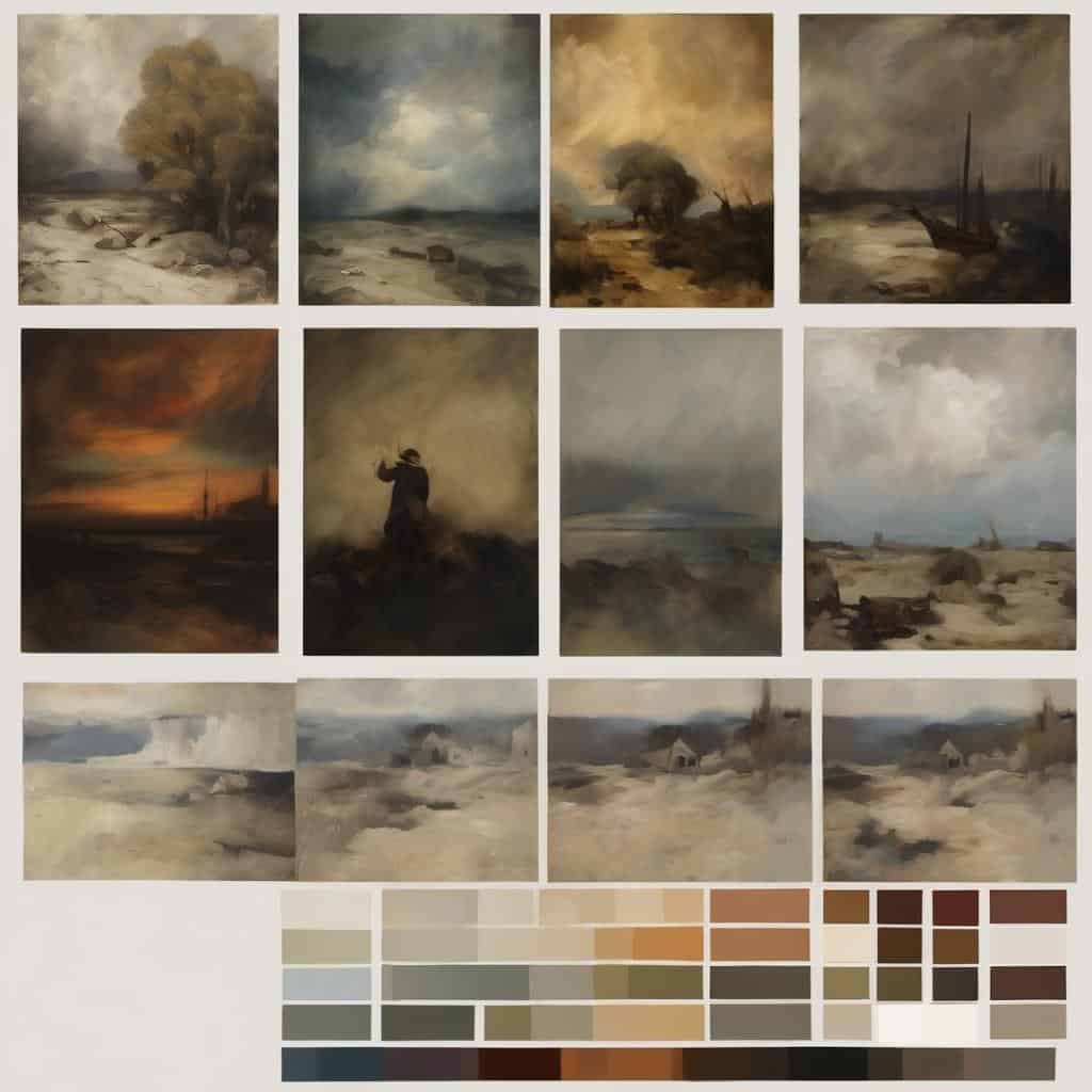 Ζωγραφική τοπίων με έμφαση στο χρώμα και το συναίσθημα, αποκαλύπτοντας την καλλιτεχνική έκφραση μέσω παλέτας με γήινες και ουράνιες αποχρώσεις, δημιουργώντας ατμόσφαιρα για την τέχνη και το ανθρώπινο συναίσθημα.