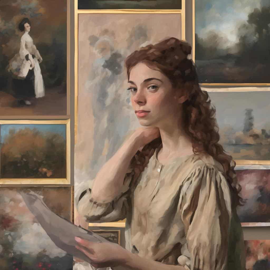 Ζωγραφική πορτρέτο γυναίκας σε έκθεση τέχνης, ζωγραφική με χρώμα και συναίσθημα, έργα τέχνης σε φόντο μεγάλων καμβάδων, καλλιτεχνική έκφραση και κλασική τέχνη, συναισθηματική σύνδεση με το χρώμα και την τέχνη.