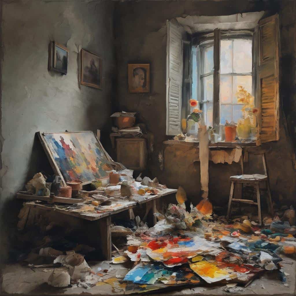 Χρώμα και Συναίσθημα στην Τέχνη, εσωτερική κάμερα, παλιά αίθουσα με καμβάδες, πινέλα και χρώματα, φως από το παράθυρο, δημιουργική ατμόσφαιρα, εκφραστικό και εμπνευσμένο περιβάλλον τέχνης, τέχνη και συναίσθημα.